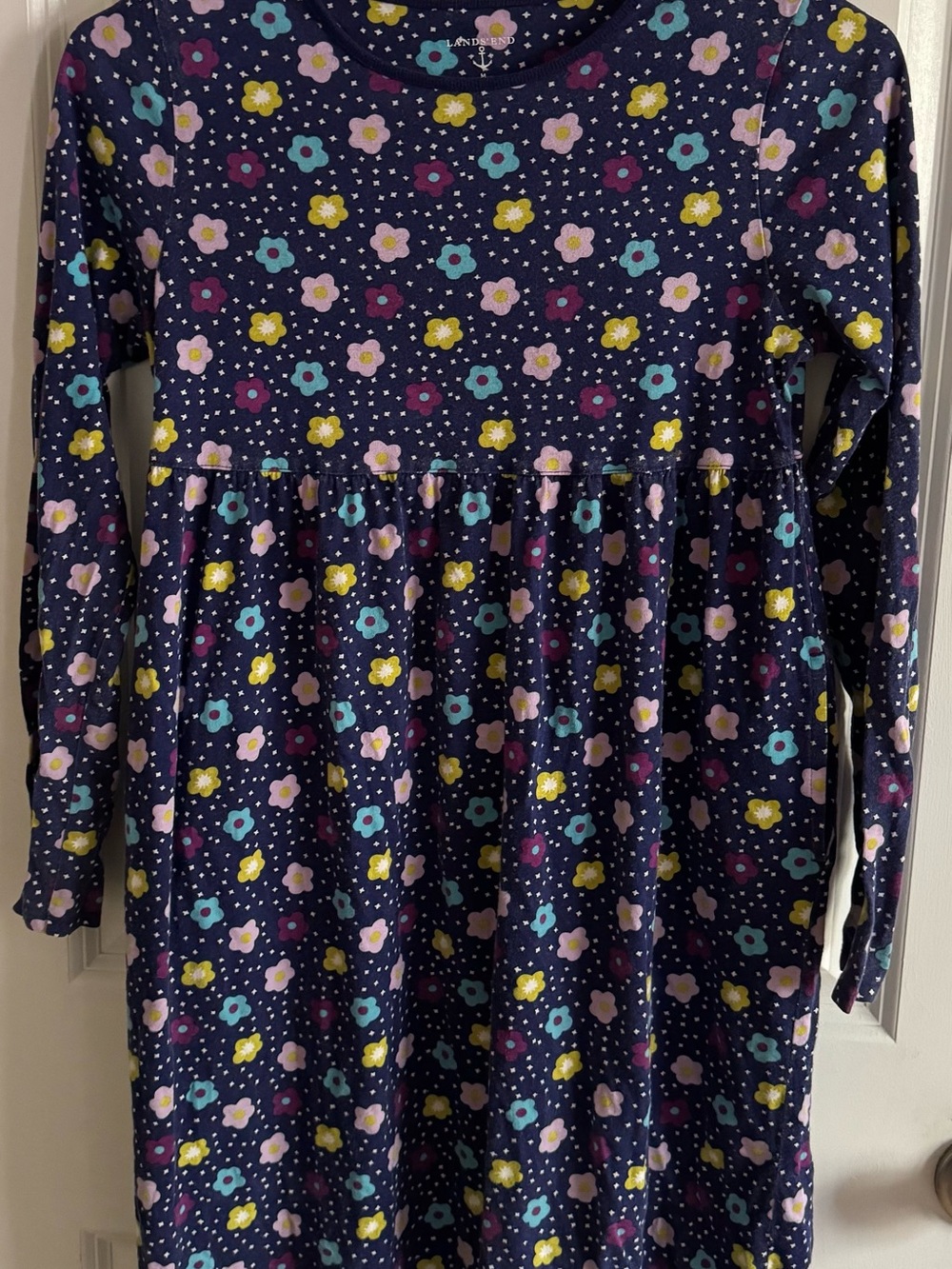 Lands' End Girls’ 10-12 Navy Floral Long-Sleeve Dress